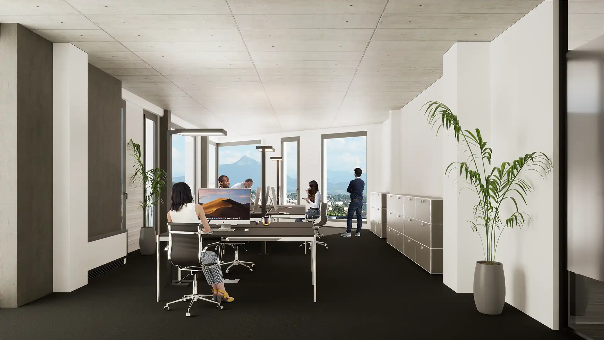 Image de synthèse d'un bureau dans l'espace de coworking cleantech à Genève